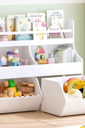 Kids Toy Storage Organizer with Bookshelf and Drawers, Wooden Montessori Cabinet with Tiered Toy Shelf for Children's Room, Playroom and Nursery