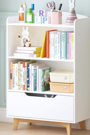 Kids Bookshelf with Drawer and Toy Storage Organizer, Corner Bookcase with Wooden Legs, Toddler-Friendly Shelf for Nursery and Playroom
