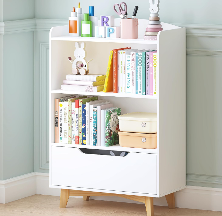 Kids Bookshelf with Drawer and Toy Storage Organizer, Corner Bookcase with Wooden Legs, Toddler-Friendly Shelf for Nursery and Playroom