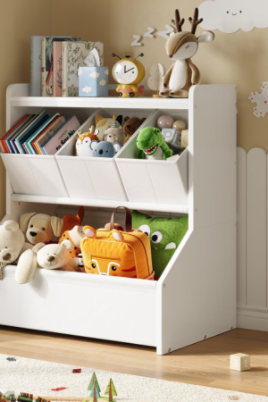 Kids Toy Storage Organizer with Bins and Bookshelf, Wooden Storage Cabinet for Children's Playroom, Bedroom and Nursery